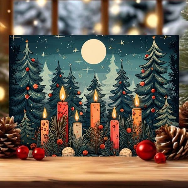Lit Candles Arranged In Front Of A Snowy Forest At Night.