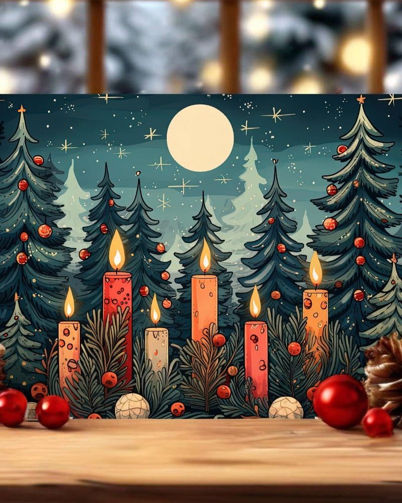 Lit candles arranged in front of a snowy forest at night.