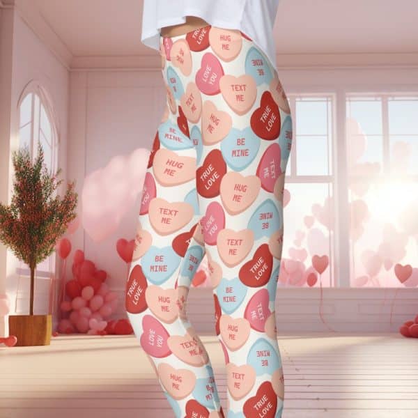 Close-Up Of A Person'S Legs Wearing Valentine'S Day Themed Leggings. The Leggings Feature A Repeating Pattern Of Pastel Pink And Blue Candy Hearts With Various Romantic Messages.