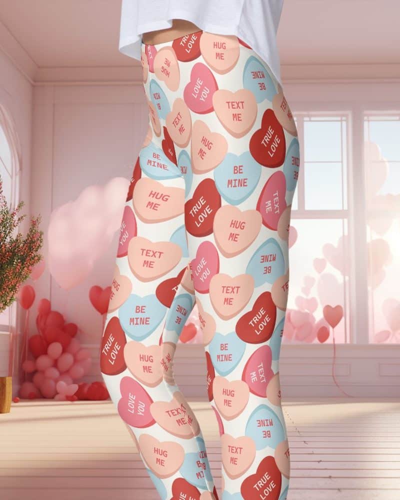 Close-up of a person's legs wearing Valentine's Day themed leggings. The leggings feature a repeating pattern of pastel pink and blue candy hearts with various romantic messages.
