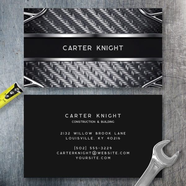 Business Card For Carter Knight Construction &Amp; Building, Featuring A Black And Silver Metallic Design.