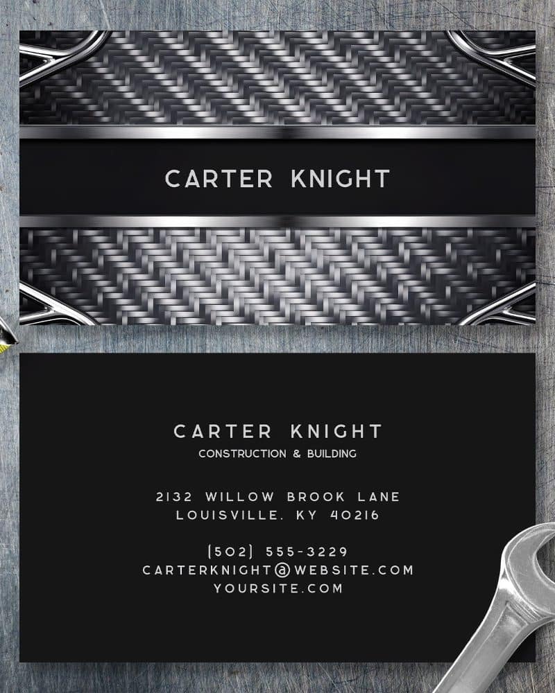 Business card for Carter Knight Construction & Building, featuring a black and silver metallic design.