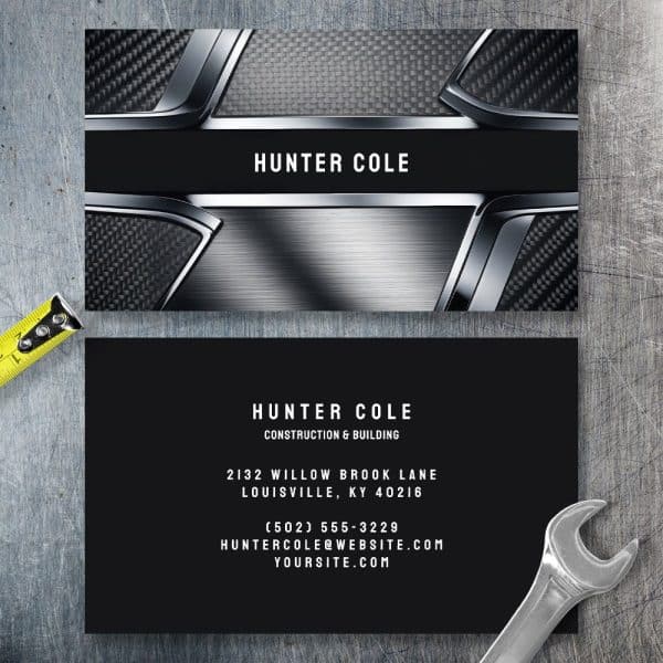 Business Card For Hunter Cole Construction &Amp; Building, Featuring A Metallic And Carbon Fiber Design.