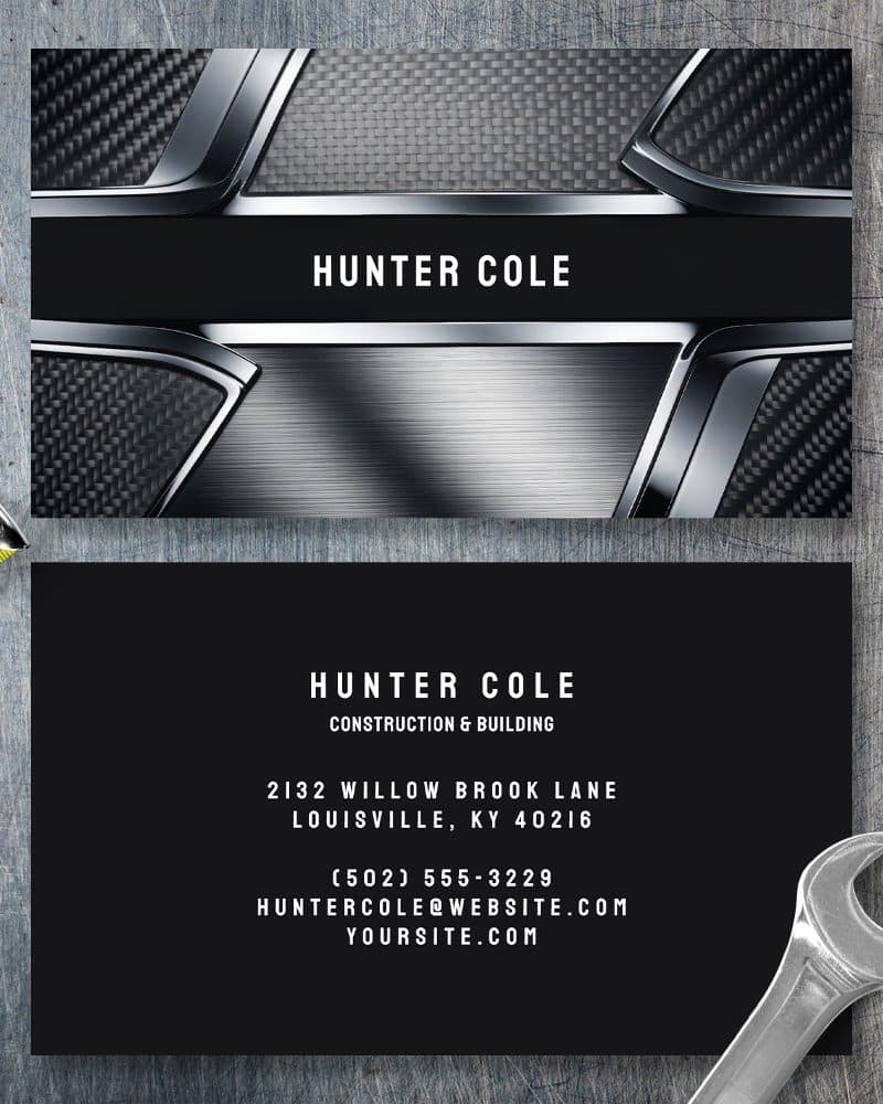 Business card for Hunter Cole Construction & Building, featuring a metallic and carbon fiber design.