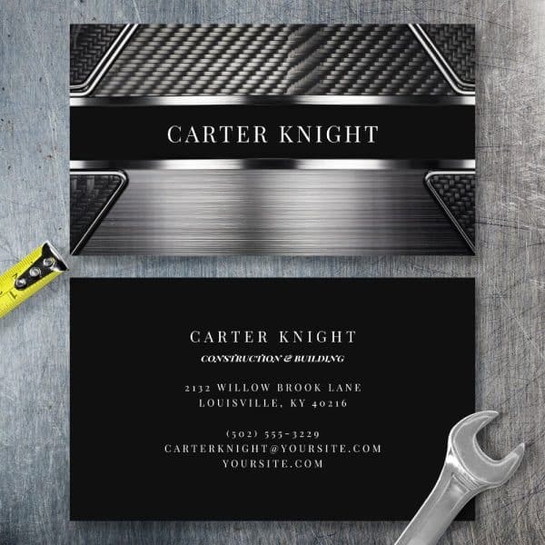Business Card For Carter Knight Construction &Amp; Building. The Card Features A Metallic Design.