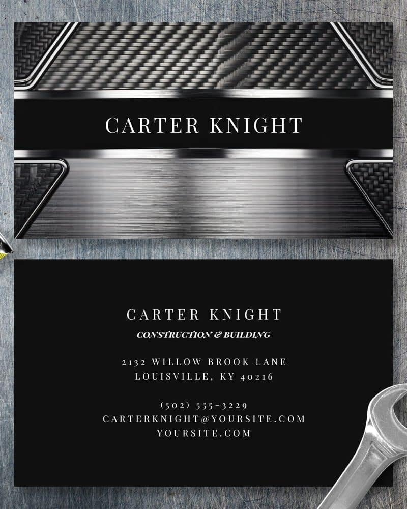 Business card for Carter Knight Construction & Building. The card features a metallic design.