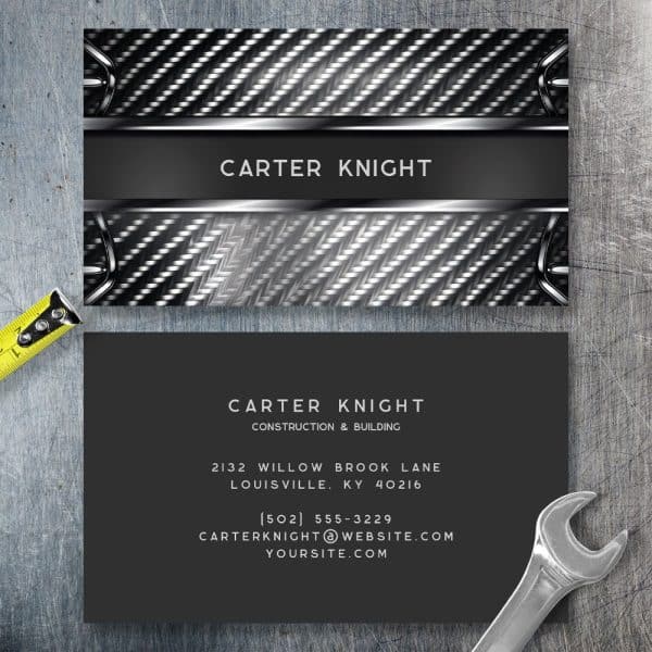 Business Card For Carter Knight Construction &Amp; Building. The Card Features A Metallic, Textured Design.