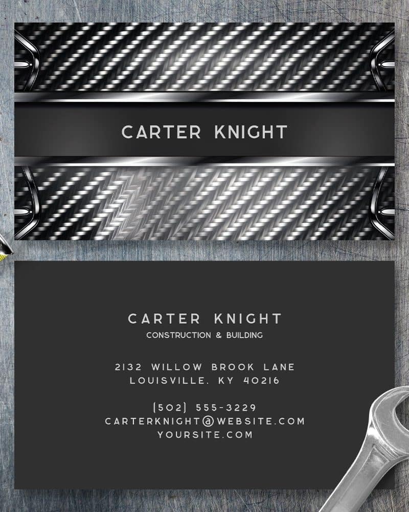 Business card for Carter Knight Construction & Building. The card features a metallic, textured design.