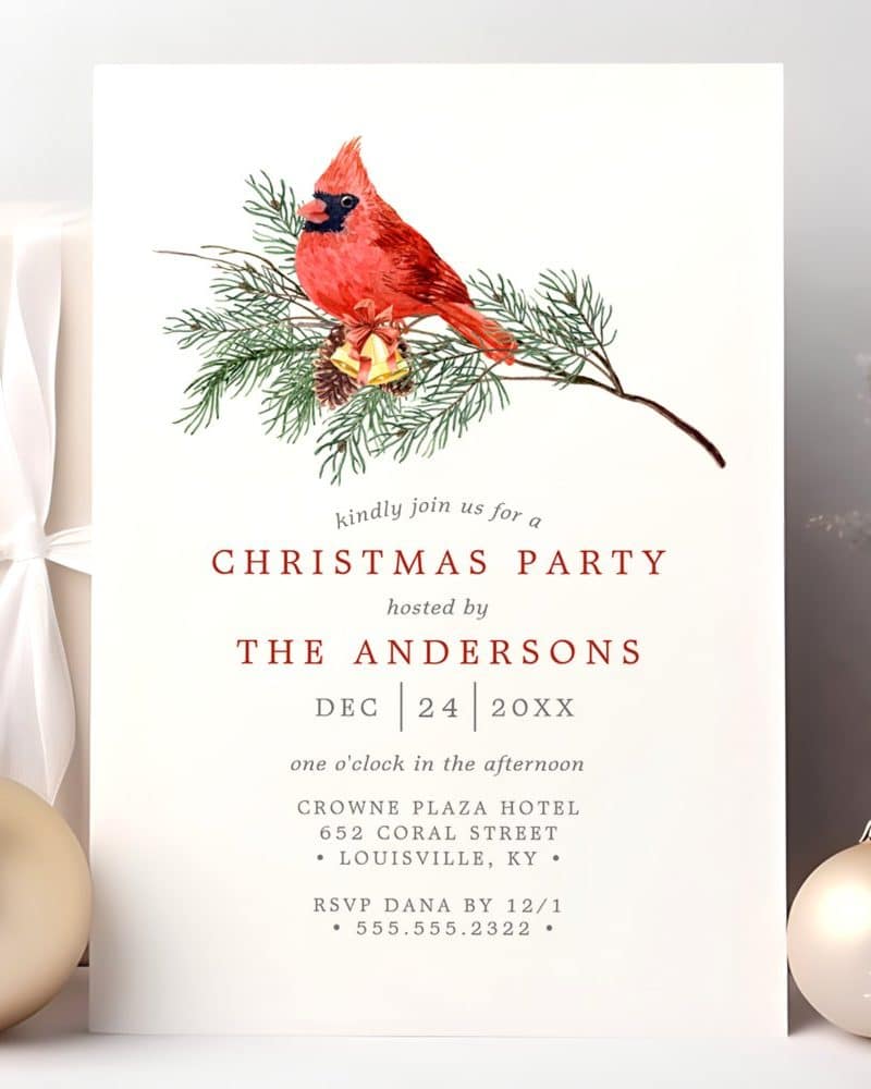 Christmas party invitation featuring a watercolor painting of a cardinal on a pine branch.