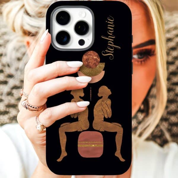 Black Iphone Case With Gold Abstract Figures And The Name Stephanie.