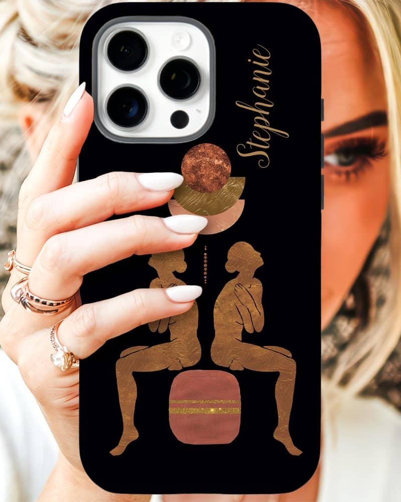 Black iPhone case with gold abstract figures and the name Stephanie.