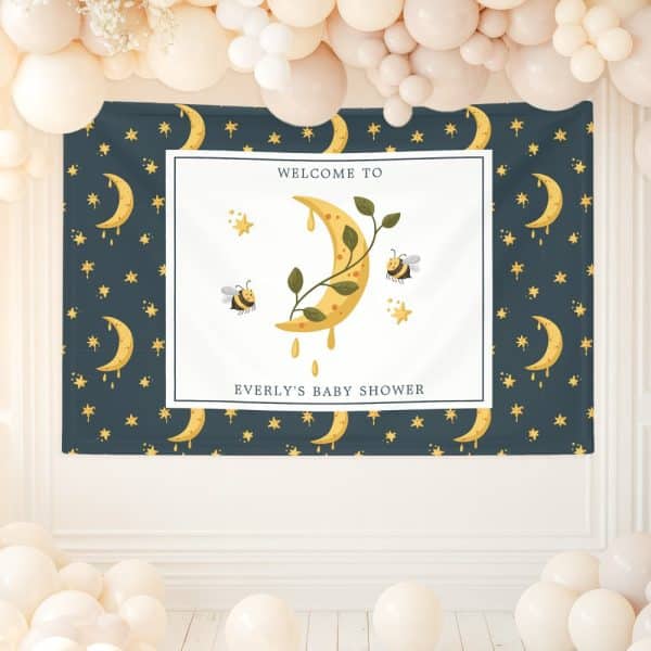 Baby Shower Banner Featuring A Crescent Moon With Dripping Honey, Leaves, And Bees. The Text Reads, &Quot;Welcome To Everly'S Baby Shower&Quot;.