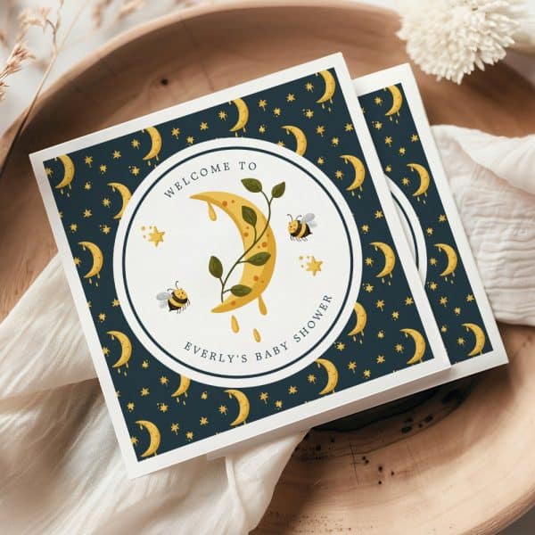 Baby Shower Invitation Featuring A Crescent Moon With Dripping Honey, Bees, And Stars On A Dark Blue Background.