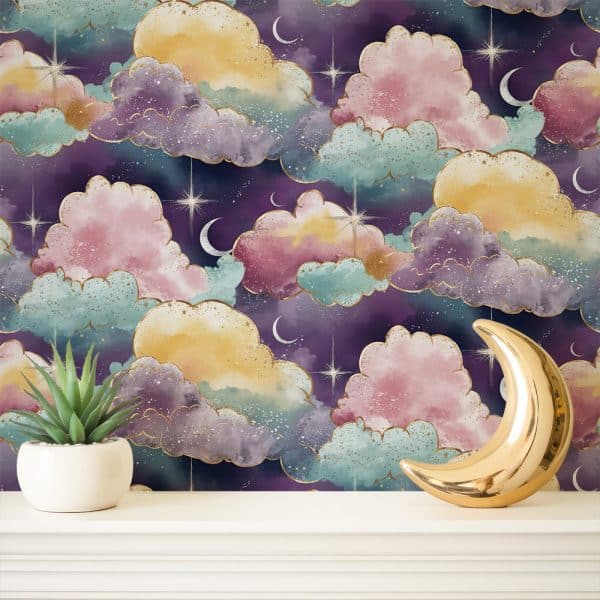 Gold Crescent Moon And Succulent Plant In Front Of Dreamy Watercolor Clouds And Stars Wallpaper.