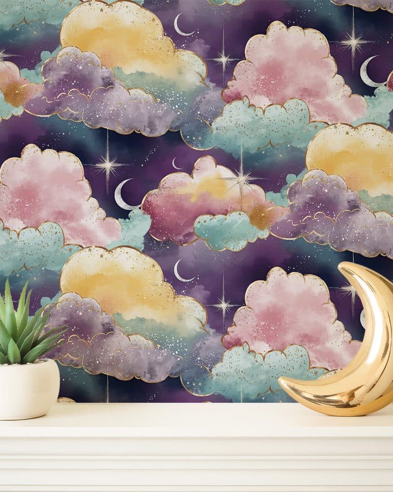 Gold crescent moon and succulent plant in front of dreamy watercolor clouds and stars wallpaper.