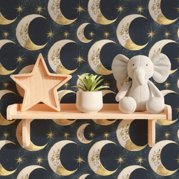 A Shelf With A Wooden Star, Succulent, And Plush Elephant Against A Dark Blue Wallpaper Featuring Gold Crescent Moons And Stars.