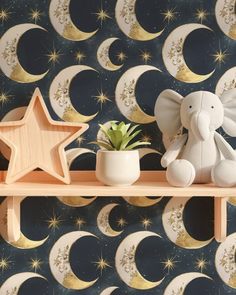 A shelf with a wooden star, succulent, and plush elephant against a dark blue wallpaper featuring gold crescent moons and stars.