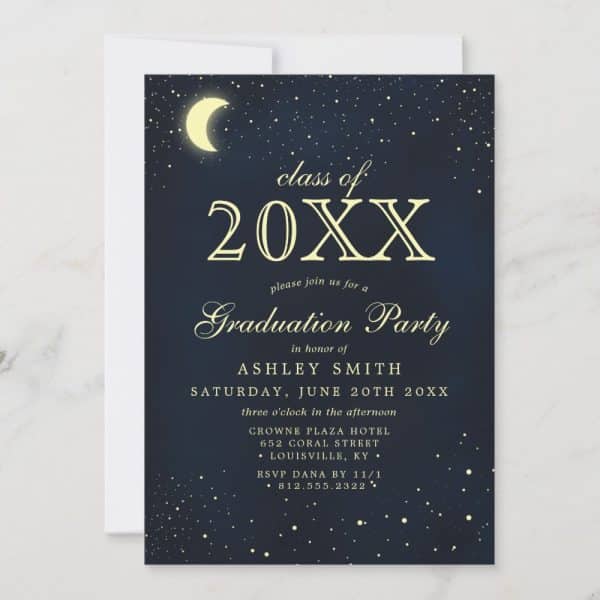 Graduation Party Invitation Featuring A Night Sky With A Crescent Moon And Stars.