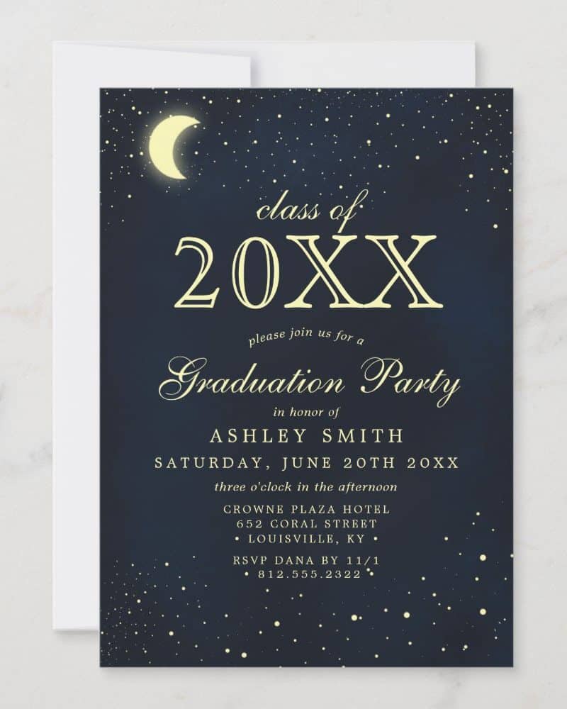 Graduation party invitation featuring a night sky with a crescent moon and stars.