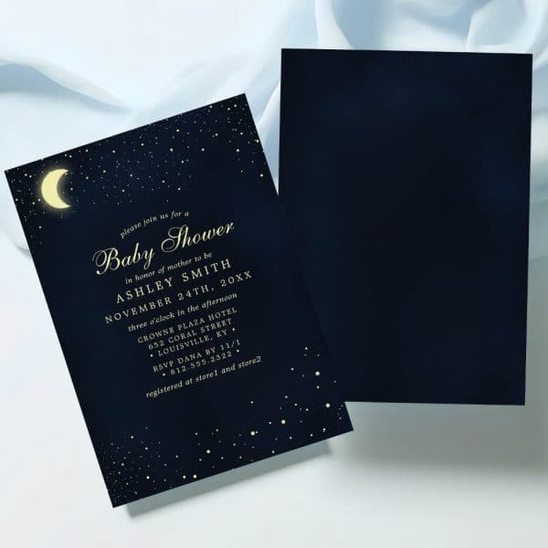 Navy Blue Baby Shower Invitation With Gold Lettering, Stars, And A Crescent Moon.