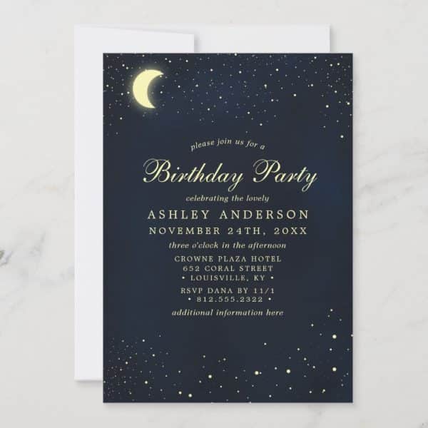 Birthday Party Invitation With A Night Sky Design Featuring A Crescent Moon And Stars.