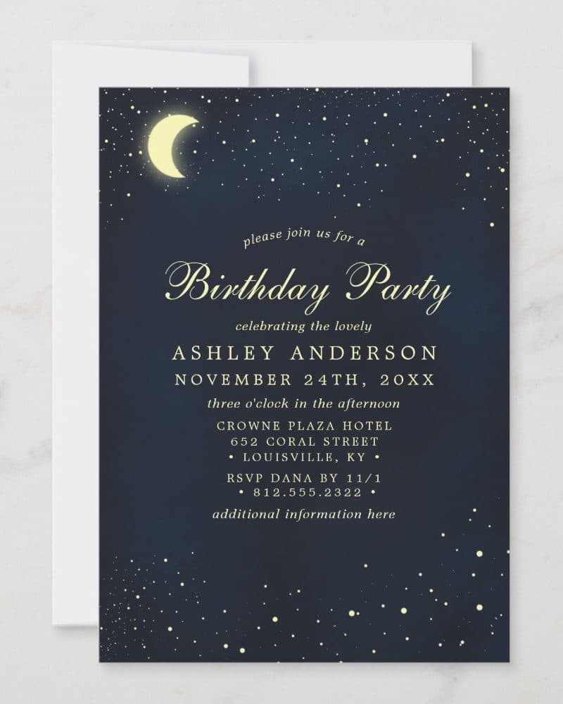 Birthday party invitation with a night sky design featuring a crescent moon and stars.