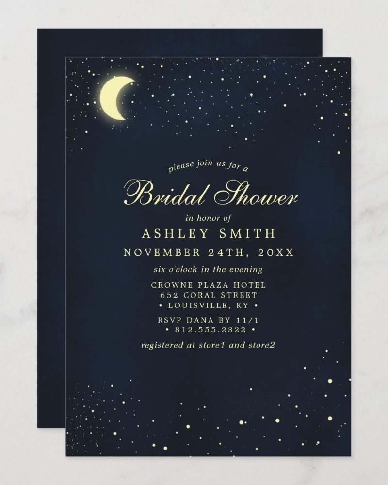 Navy blue bridal shower invitation featuring a crescent moon and stars.