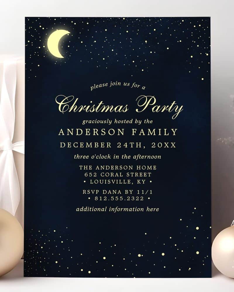 A navy blue Christmas party invitation with gold lettering, a crescent moon, and gold stars.