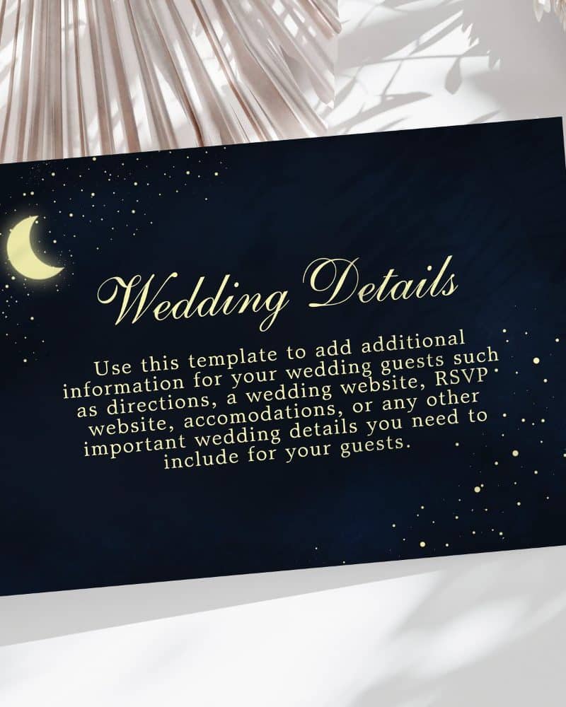 Dark blue wedding details card with gold text and a crescent moon.