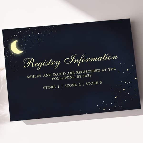 Night Sky-Themed Registry Information Card For Ashley And David, Listing Three Stores.