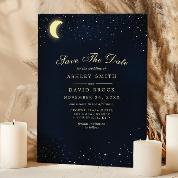 A Navy Blue Save-The-Date Card With Gold Lettering Features A Crescent Moon And Stars. The Card Announces Ashley Smith And David Brock'S Wedding.