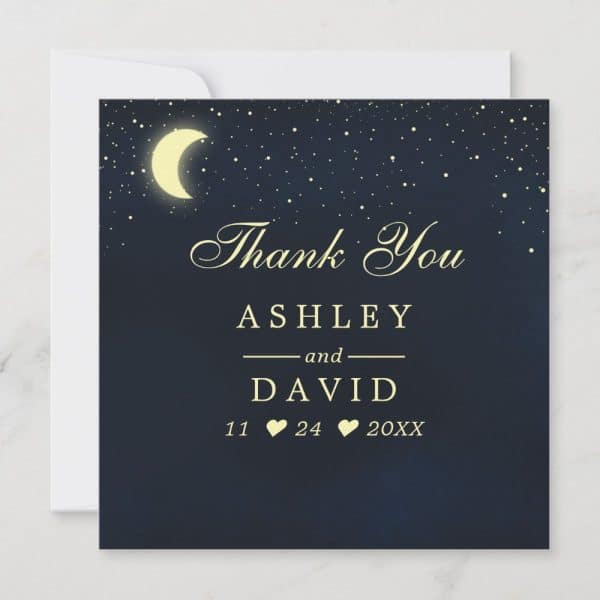 Thank You Card From Ashley And David, Featuring A Crescent Moon And Stars On A Dark Blue Background.