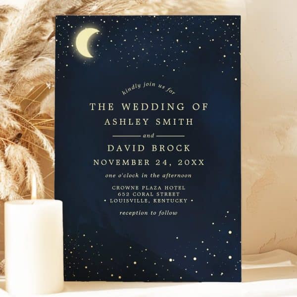 Wedding Invitation With A Dark Blue Starry Night Background Featuring A Crescent Moon, Announcing The Wedding Of Ashley Smith And David Brock.