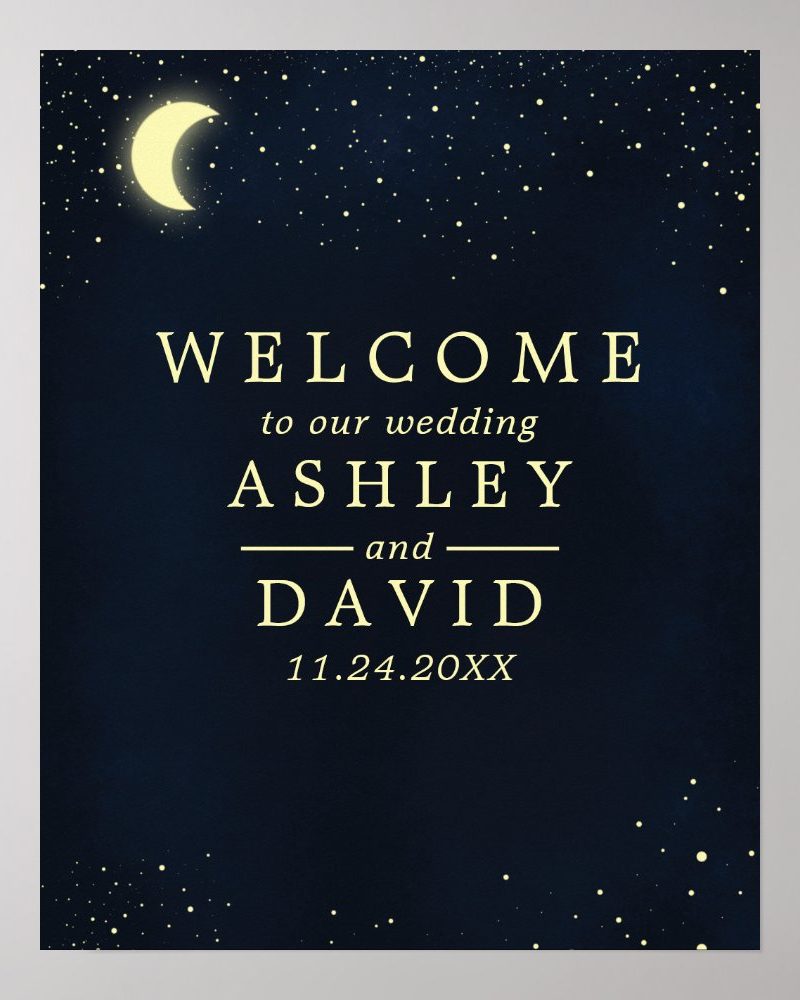 Celestial Moon Stars Midnight Blue Wedding Welcome Poster