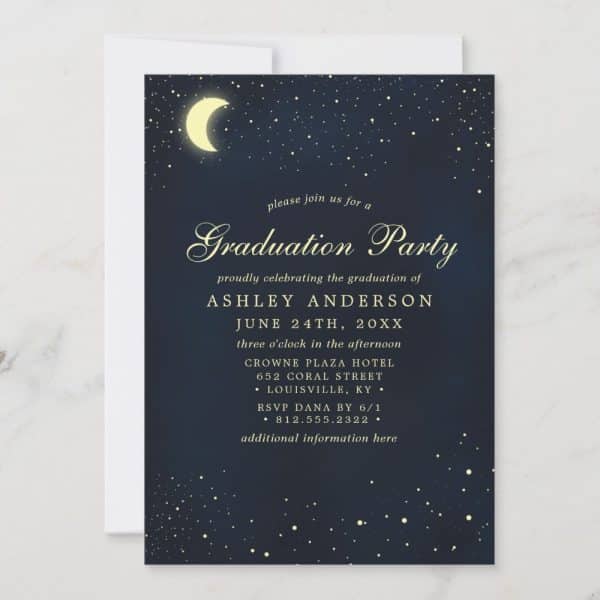 Graduation Party Invitation Featuring A Crescent Moon And Stars On A Dark Blue Background. The Invitation Includes The Graduate'S Name And Party Details.