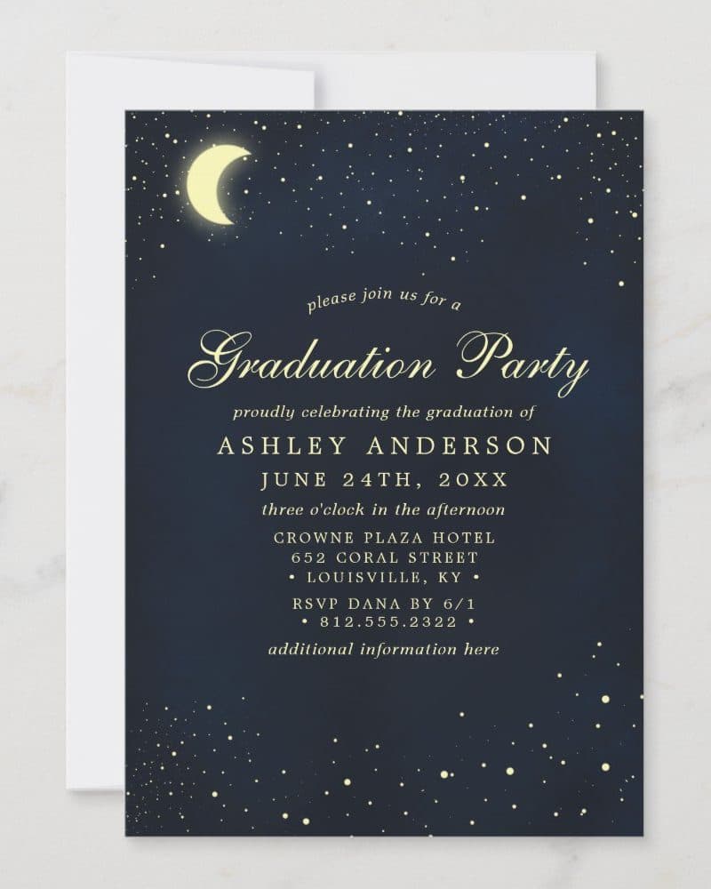 Graduation party invitation featuring a crescent moon and stars on a dark blue background. The invitation includes the graduate's name and party details.