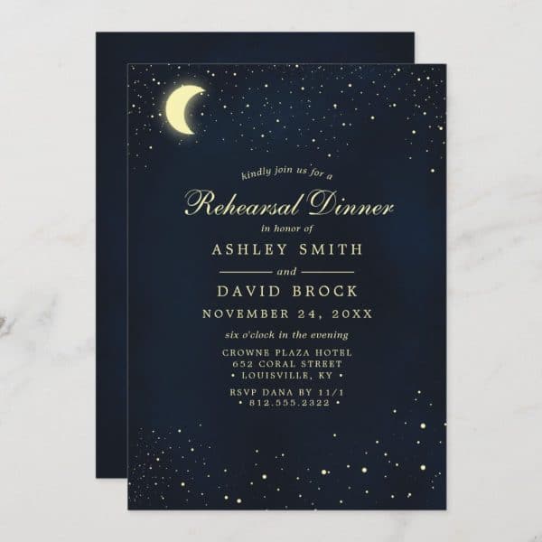 A Navy Blue Rehearsal Dinner Invitation With Gold Lettering, Stars, And A Crescent Moon.