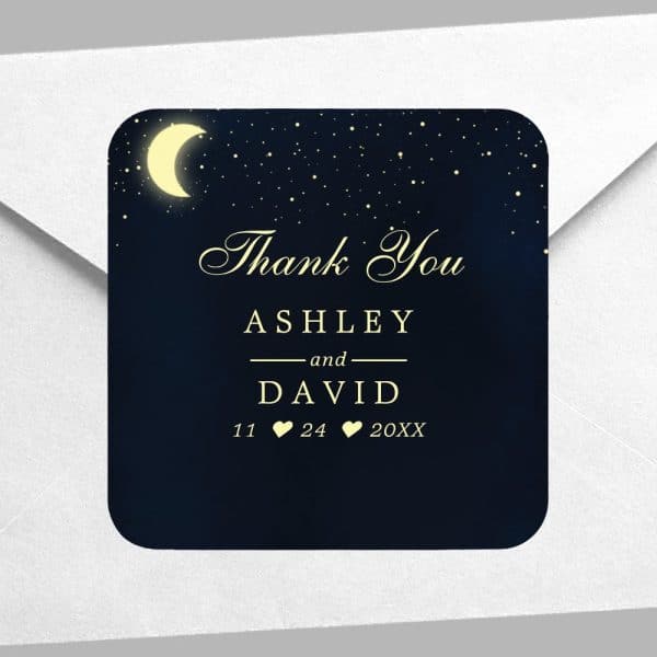 Night Sky Thank You Card With Crescent Moon, Stars, And Ashley And David'S Names And Wedding Date.