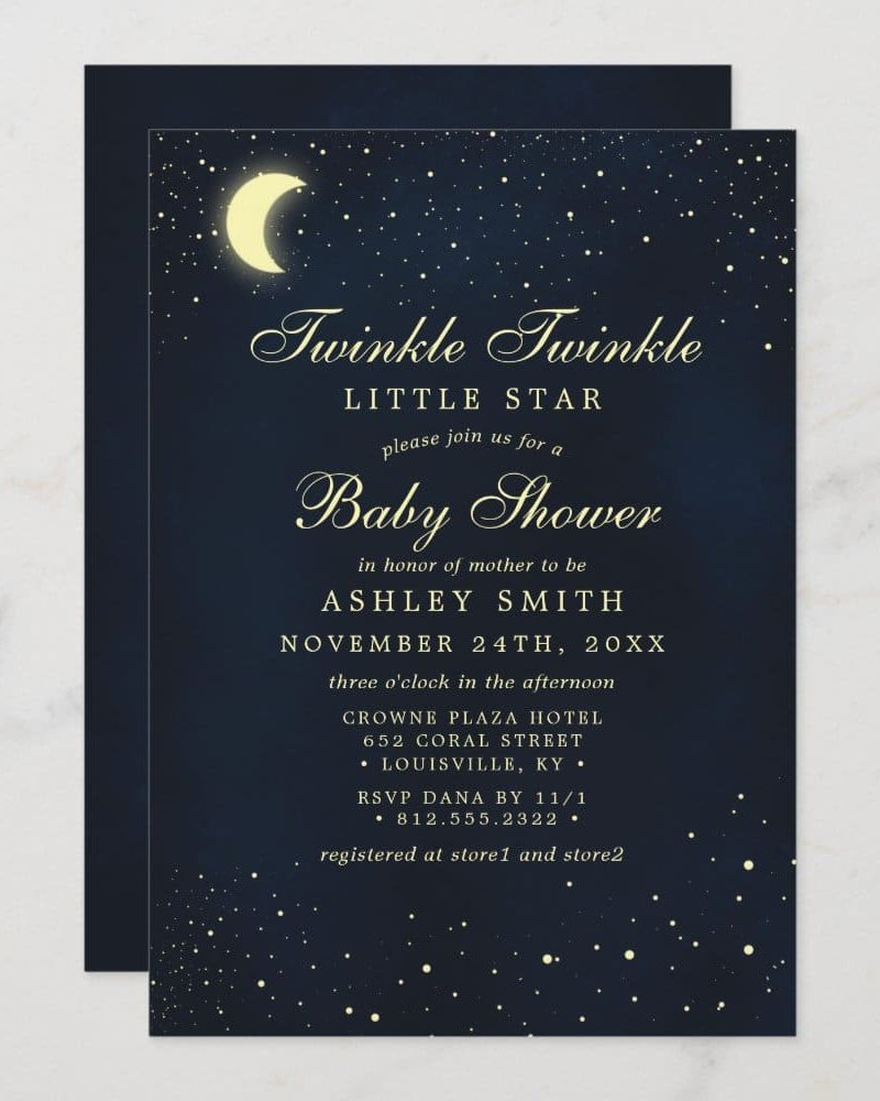 Navy blue baby shower invitation featuring a crescent moon and stars.