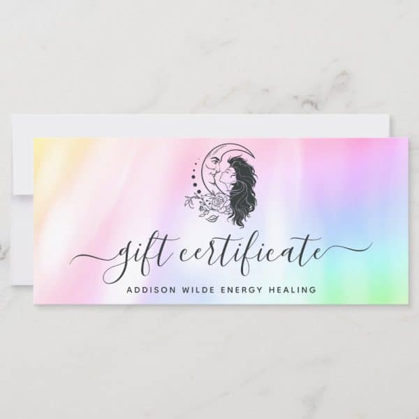 Pastel Rainbow Gift Certificate Featuring A Black And White Illustration Of A Couple Kissing Within A Crescent Moon. Addison Wilde Energy Healing Is Printed At The Bottom.