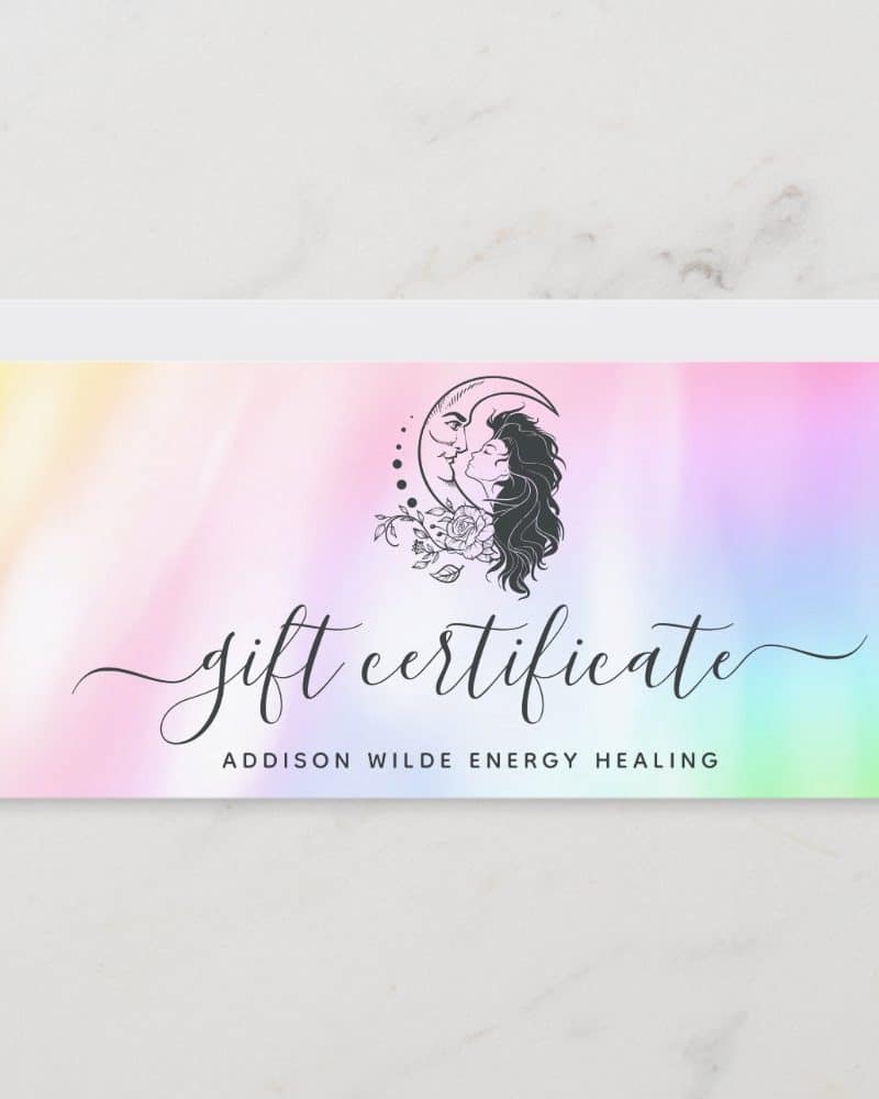 Pastel rainbow gift certificate featuring a black and white illustration of a couple kissing within a crescent moon. Addison Wilde Energy Healing is printed at the bottom.