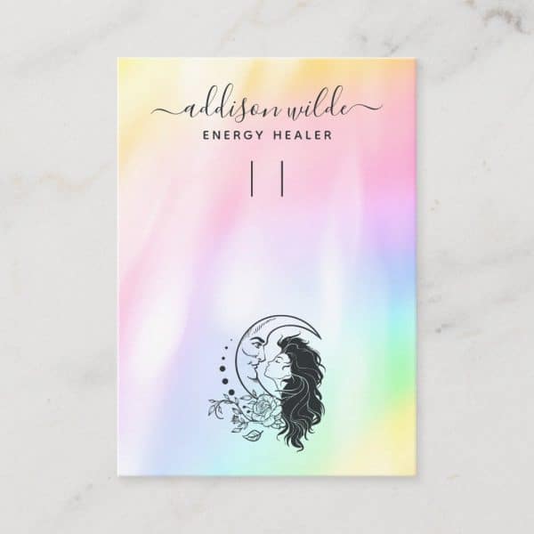 Business Card For Addison Wilde, Energy Healer, Featuring A Pastel Rainbow Background And A Black Line Art Design Of A Woman'S Face Next To A Crescent Moon With A Rose.
