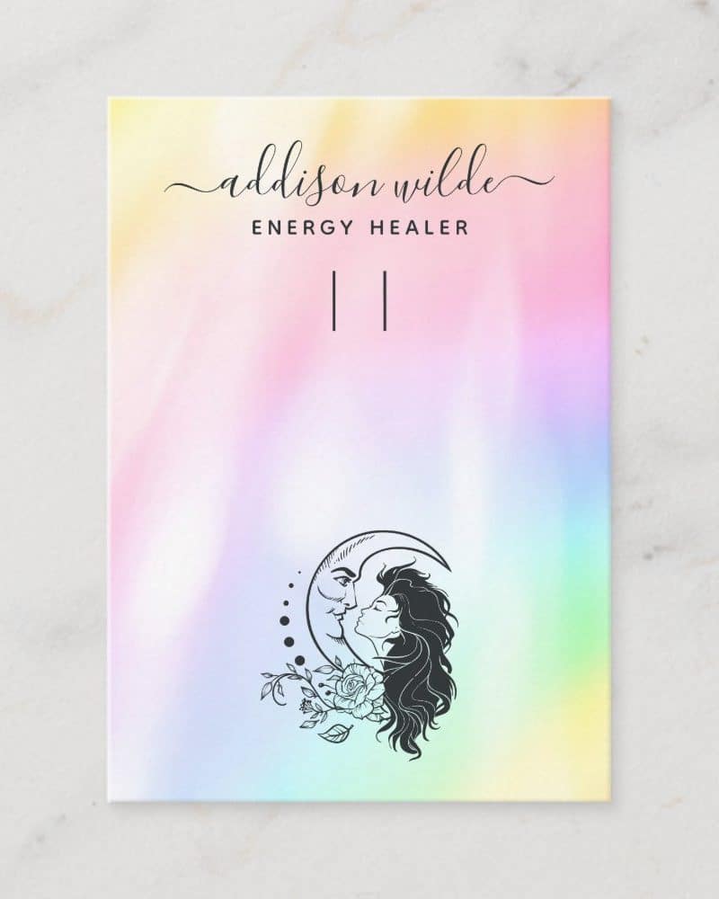 Business card for Addison Wilde, Energy Healer, featuring a pastel rainbow background and a black line art design of a woman's face next to a crescent moon with a rose.