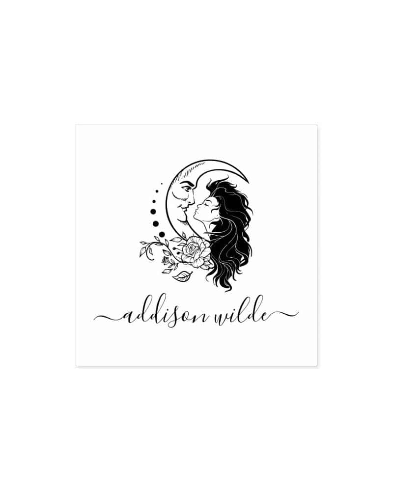 Black and white illustration of a man and woman kissing, forming the shape of a crescent moon. The image includes floral elements and the name Addison Wilde.