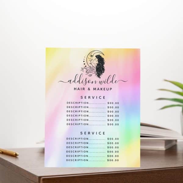 A Pastel-Colored Price List For Addison Wilde Hair &Amp; Makeup, Featuring A Logo Of A Woman'S Face And Hair Within A Crescent Moon.