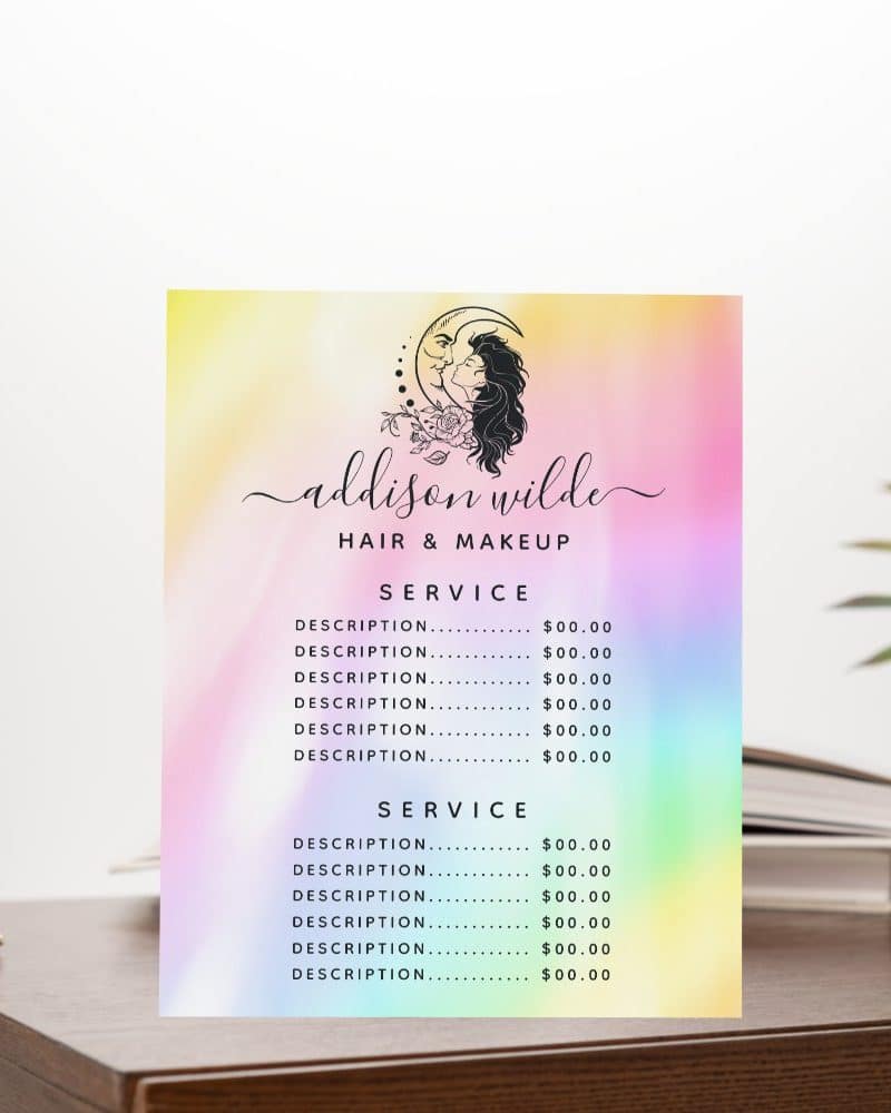 A pastel-colored price list for Addison Wilde Hair & Makeup, featuring a logo of a woman's face and hair within a crescent moon.
