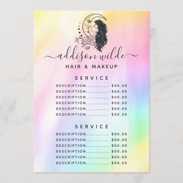 Hair And Makeup Price List Featuring A Moon And Woman Design.