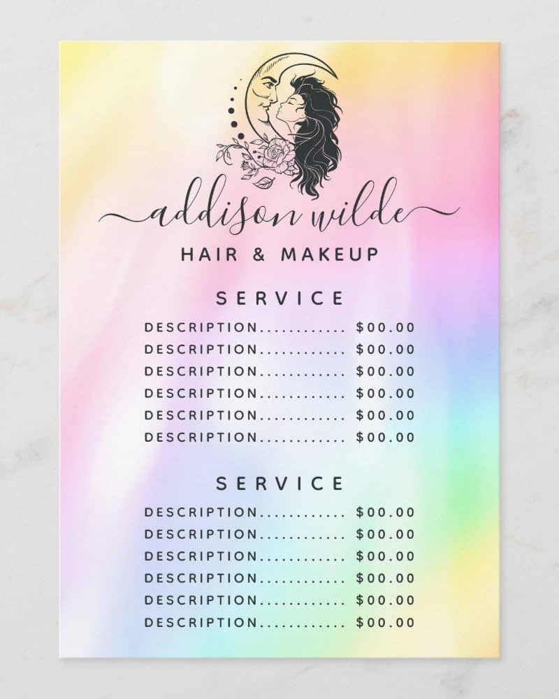 Hair and makeup price list featuring a moon and woman design.