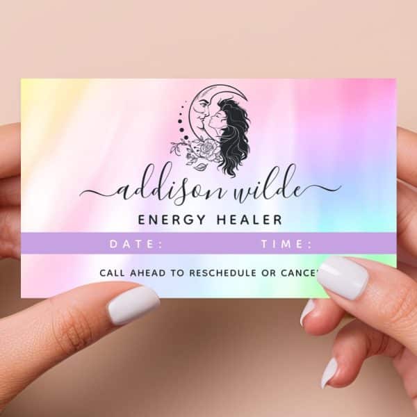 Appointment Card For Energy Healer Addison Wilde. The Card Features A Logo Of A Woman And Moon.
