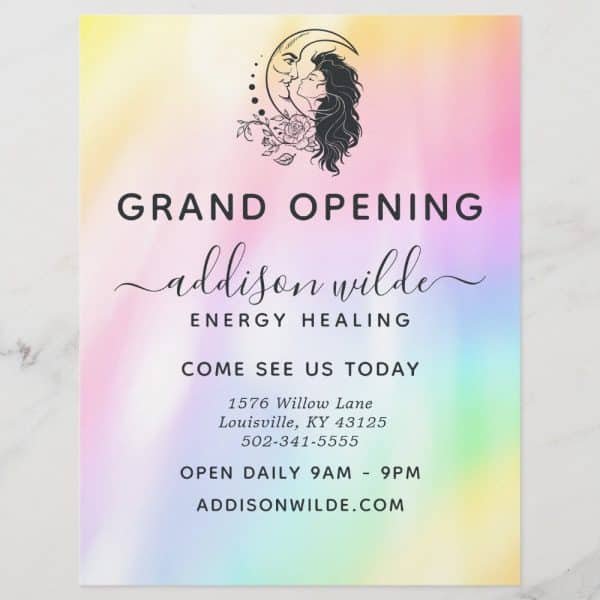 Grand Opening Announcement For Addison Wilde Energy Healing, Featuring A Logo Of A Couple Kissing Within A Crescent Moon.